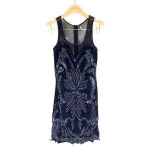 Free People - Ice Ice Baby Sleeveless Beaded Mini Dress Knit Mesh Navy Blue / XS